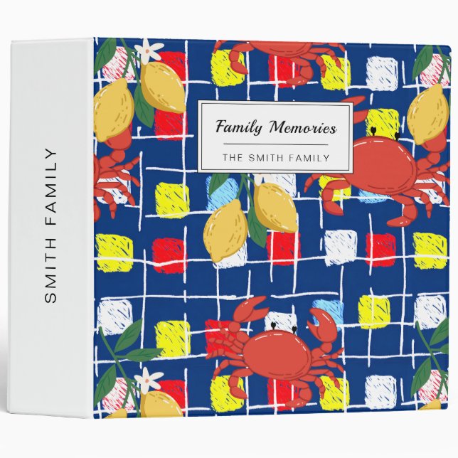 Coastal Crab and Lemon Pattern 3 Ring Binder (Front/Spine)
