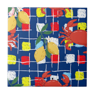 Coastal Crab and Lemon Pattern Ceramic Tile