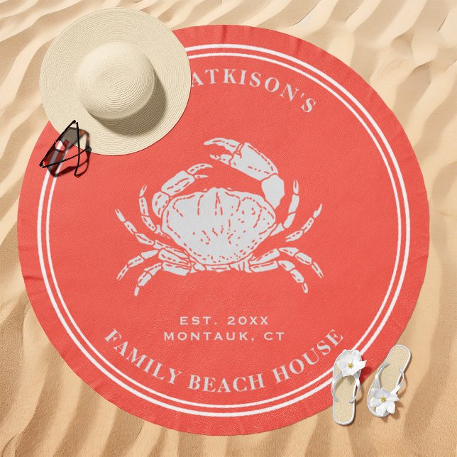 Coastal Crab Beach House Family Name Coral Towel (Creator Uploaded)
