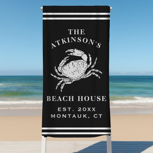 Coastal Crab Beach House Rustic Family Name Black Beach Towel