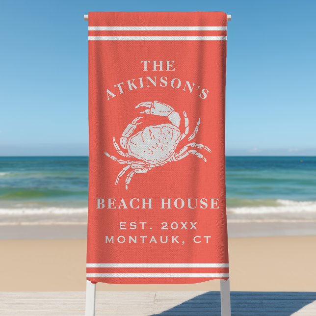 Coastal Crab Beach House Rustic Family Name Coral Beach Towel (Creator Uploaded)