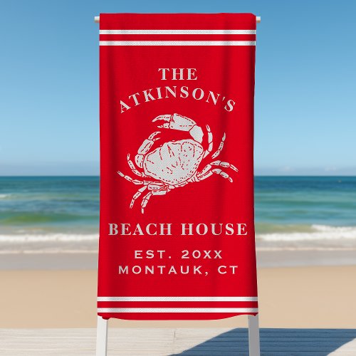 Coastal Crab Beach House Rustic Family Name Red Be Beach Towel