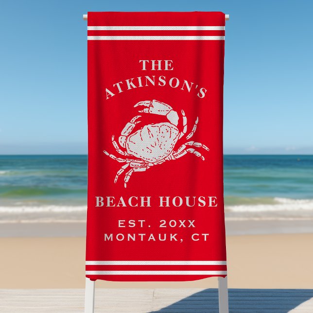 Coastal Crab Beach House Rustic Family Name Red Be Beach Towel (Creator Uploaded)