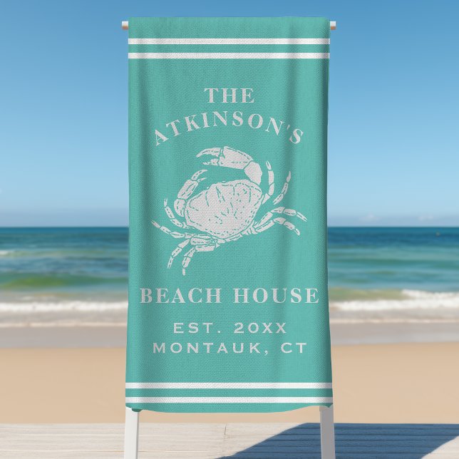 Coastal Crab Beach House Rustic Family Name Teal Beach Towel (Creator Uploaded)