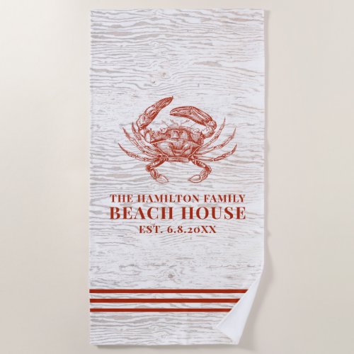 Coastal Crab Beach House Rustic Wood Family Name Beach Towel