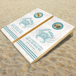 Coastal Crab Beach House Rustic Wood Family Name C Cornhole Set