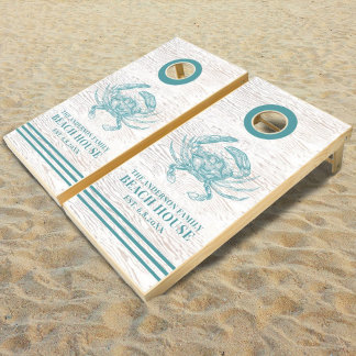 Coastal Crab Beach House Rustic Wood Family Name C Cornhole Set