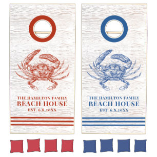 Coastal Crab Beach House Rustic Wood Family Name Cornhole Set