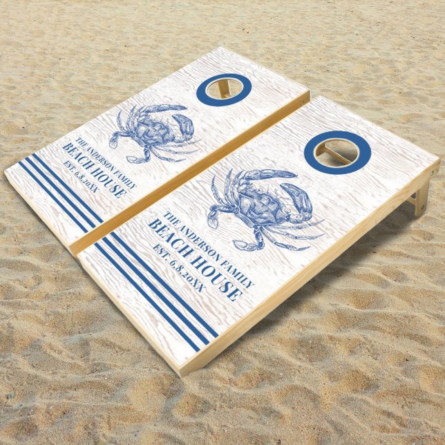 Coastal Crab Beach House Rustic Wood Family Name Cornhole Set (blue crabs decorate this beach themed cornhole set, great for your next party!)