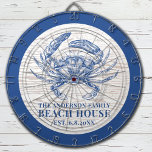 Coastal Crab Beach House Rustic Wood Family Name Dart Board<br><div class="desc">This dart board features a vintage blue crab with your family name over a faux white washed wood background. Customize with your family name and established date to make this your own unique beach house ping pong paddles. Also available are corn hole set, beer pong table and golf accessories. Designed...</div>
