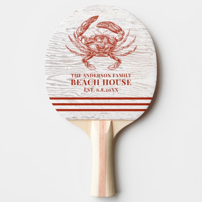 Coastal Crab Beach House Rustic Wood Family Name Ping Pong Paddle (Front)