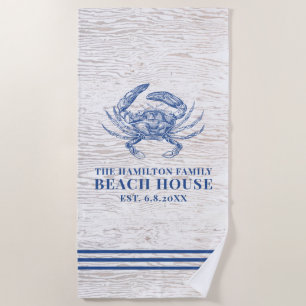 Coastal Crab Beach House Rustic Wood Family Name Towel