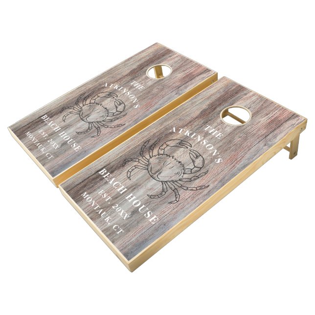 Coastal Crab Beach House Rustic Wood Personalized  Cornhole Set (Angled)