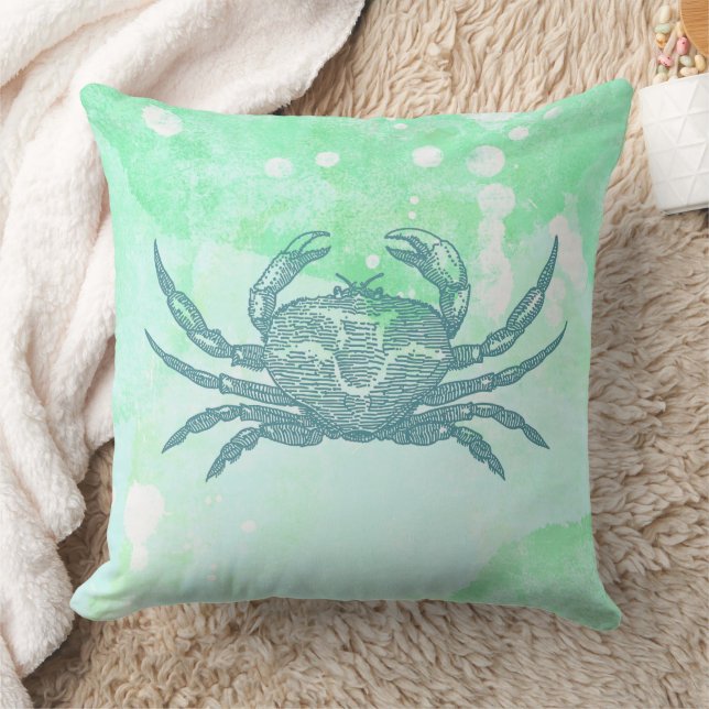 Coastal Crab Blue Watercolor Throw Pillow (Blanket)