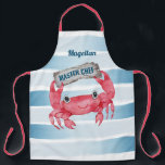 Coastal Crab | Blue & White Stripes Beach House Apron<br><div class="desc">Cook in style with this coastal apron featuring a cute crab holding a driftwood sign with hand painted nautical blue and white stripes. You can personalize the name and the sign (Shown with "Master Chef"). Perfect for a beach house,  vacation rental,  or seaside restaurant.  Original artwork KL Stock.</div>