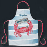 Coastal Crab | Blue & White Stripes Beach House Apron<br><div class="desc">Cook in style with this coastal apron featuring a cute crab holding a driftwood sign with hand painted nautical blue and white stripes. You can personalize the name and the sign (Shown with "Master Chef"). Perfect for a beach house,  vacation rental,  or seaside restaurant.  Original artwork KL Stock.</div>