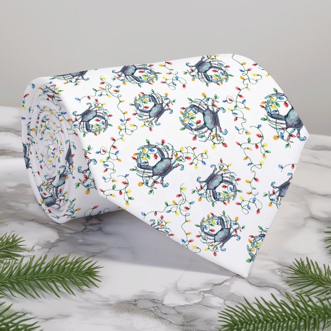 Coastal Crab Christmas Lights Monogram Neck Tie (Creator Uploaded)
