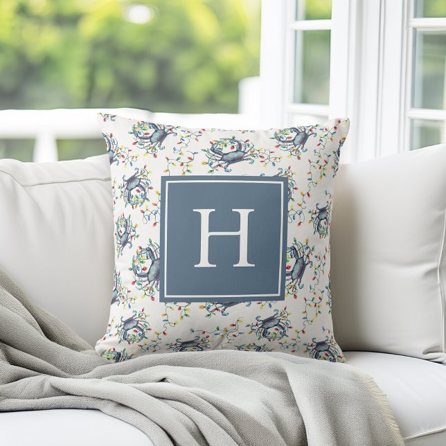 Coastal Crab Christmas Lights Monogram Throw Pillow (Creator Uploaded)