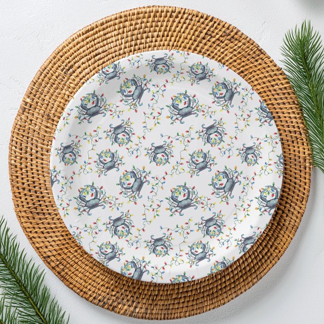 Coastal Crab Christmas Lights Paper Plates (Creator Uploaded)