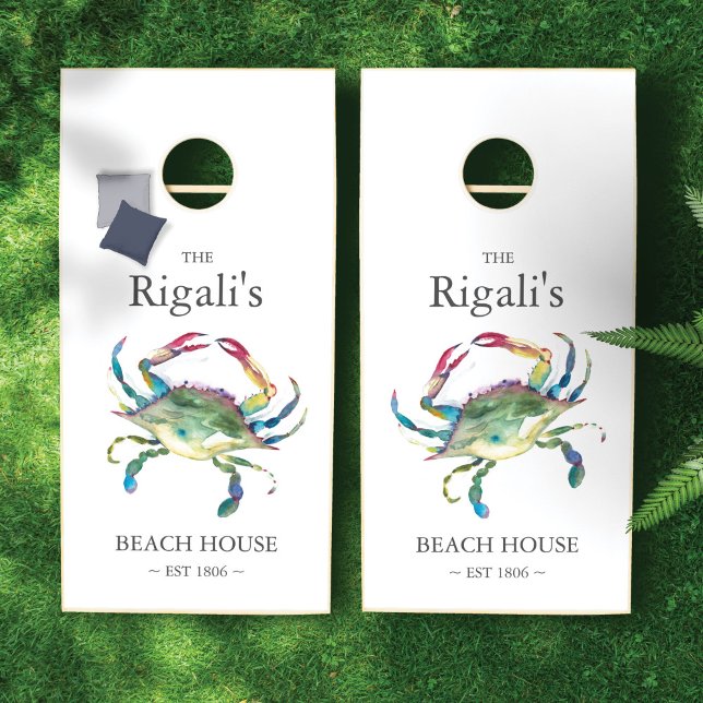 Coastal Crab Family Name Beach House Cornhole Set (Cornhole set blue crab personalized for your beach house. )