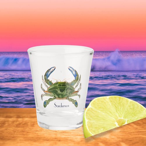 Coastal Crab Nautical  Blue and Green Watercolor Shot Glass