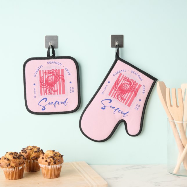 Coastal Crab Pink Oven Mitt & Pot Holder Set (Insitu(Hanging))