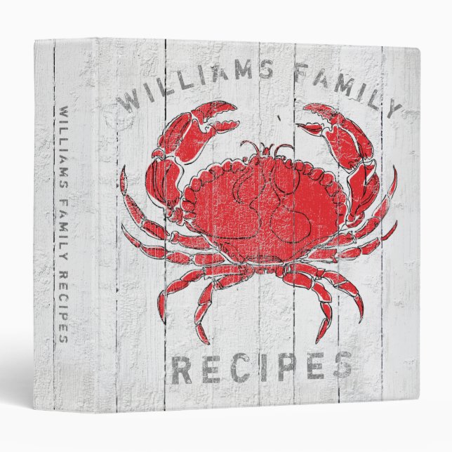 Coastal Crab Seafood Name Weathered Wood Recipe 3 Ring Binder (Front/Spine)