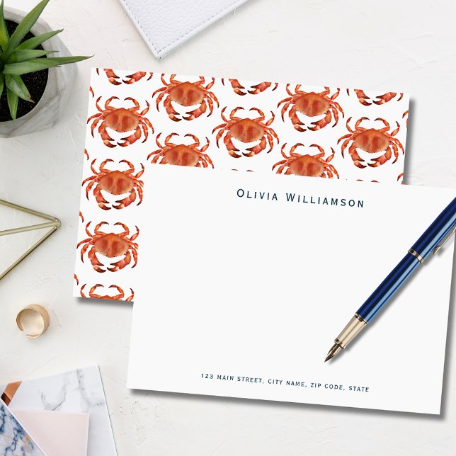 Coastal Crab Seaside Ocean Note Card (Coastal crab, crustacean illustrated notecard. Personalize with your own name and address details.)