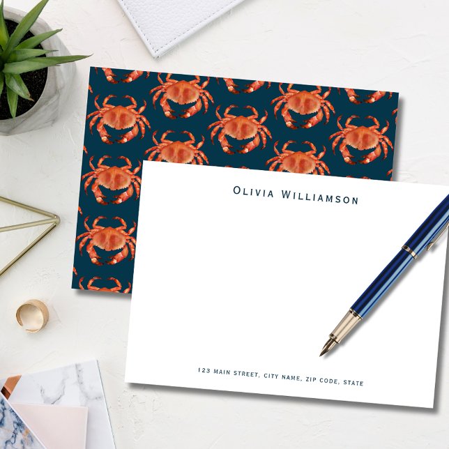 Coastal Crab Seaside Ocean pattern Note Card (Coastal crab, crustacean illustrated notecard. Personalize with your own name and address details.)