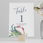 Coastal Crab Wedding Table Number<br><div class="desc">Designed to coordinate with Do Tell A Belle's coastal crab wedding stationery suite, this beach wedding table number card features my original watercolor crab in shades of red, blue, turquoise and green with your table number, names and wedding date. Perfect for summer, seaside and nautical theme wedding receptions, rehearsal dinners...</div>
