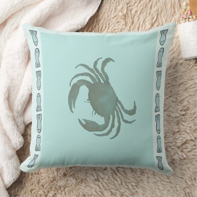 Coastal Crabs With Fish Border Bohemian Throw Pillow (Blanket)