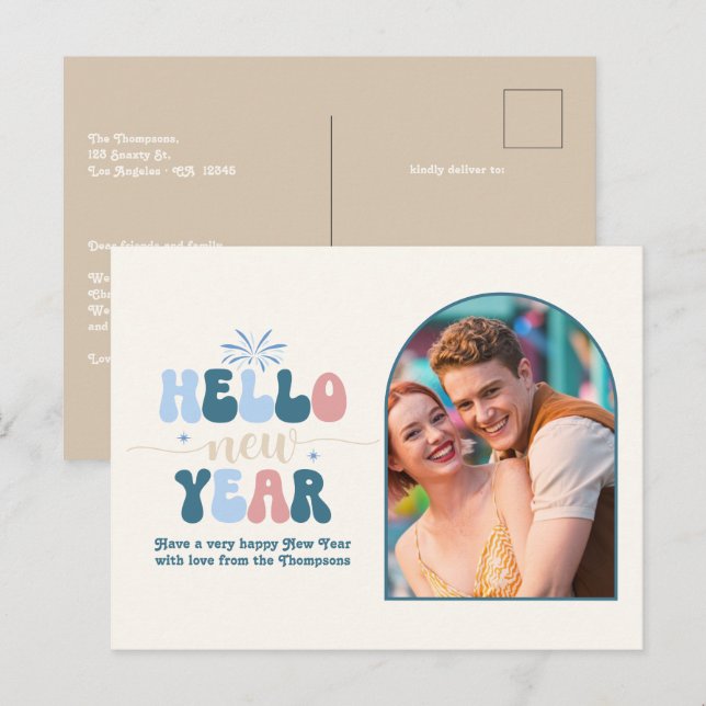Coastal Cream New Year Retro Modern Blue Photo Holiday Postcard (Front/Back)