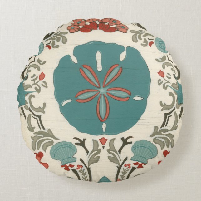 Coastal Damask I Round Pillow (Front)