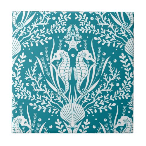 Coastal Damask Seahorses Ocean Teal Blue White Ceramic Tile