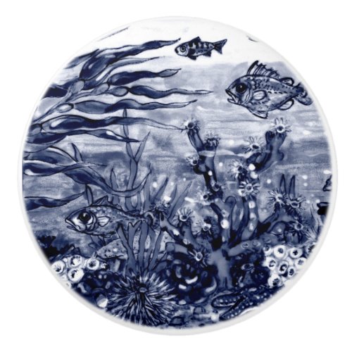 Coastal Dark Blue Sea Life Fish Shells Coral Ocean Ceramic Knob