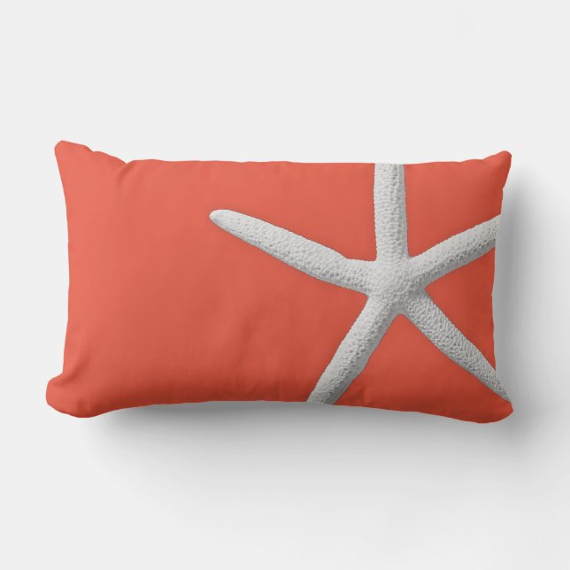 Coastal Dark Coral Tropical White Starfish Beach Lumbar Pillow (Front)