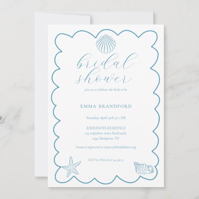 Coastal Doodle Blue White Bridal Shower  Invitation (Front)