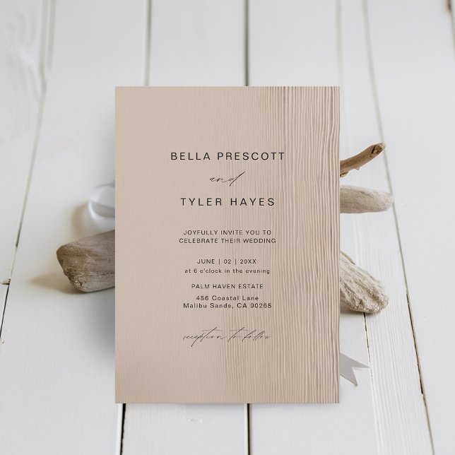 Coastal Driftwood Sand Beach Ocean Elegant Wedding Invitation (Coastal Wedding Invitation Elegant Modern Minimalist Driftwood Beach Ocean Sand Ecru Beige )