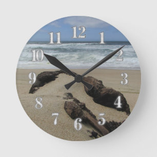 Coastal Driftwood & Surf Beach House Round Clock
