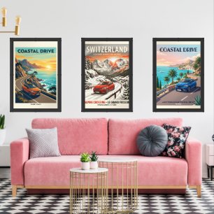 Coastal Drive Vintage Car Poster Wall Art Sets