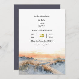Coastal Dunes Golden Sunset Evening Beach Wedding Invitation