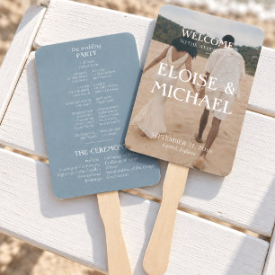 Coastal Dusty Blue Photo Wedding Ceremony Program Hand Fan