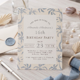 Coastal Dusty Blue summer Palm 16th Birthday Invitation