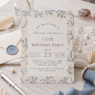 Coastal Dusty Blue summer Palm 16th Birthday Invitation