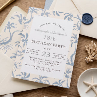 Coastal Dusty Blue summer Palm 18th Birthday Invitation