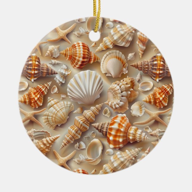 Coastal Elegance Seashell Pattern Ceramic Ornament (Front)