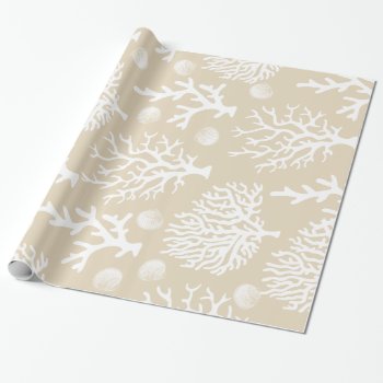 Coastal Elegance White Sea Corals Shells & Taupe Wrapping Paper by GrudaHomeDecor at Zazzle