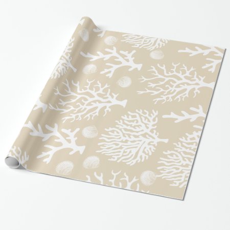Coastal Elegance White Sea Corals Shells & Taupe Wrapping Paper