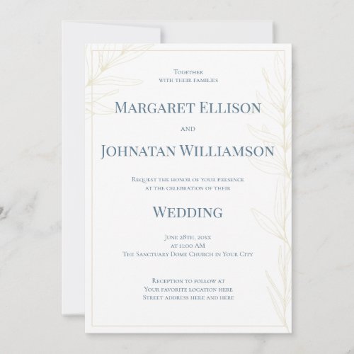 Coastal, Elegant Botanical Ocean Blue Sand Wedding Invitation