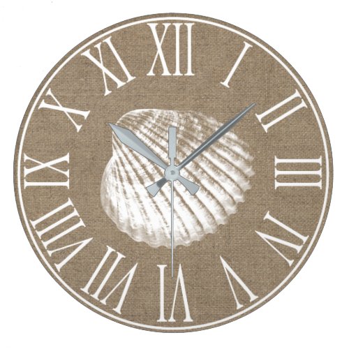 Coastal Elegant Faux Burlap &amp; White Seashell Large Clock